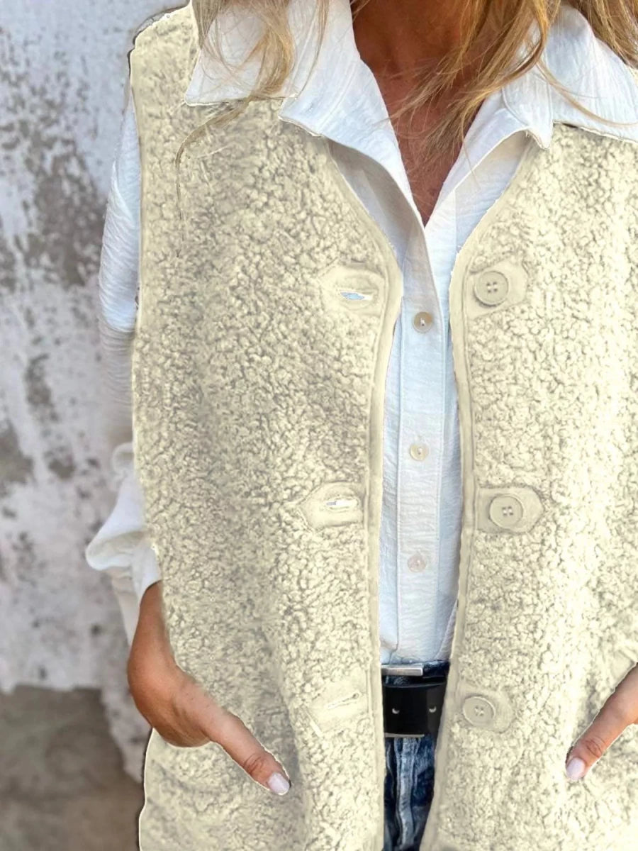 Full Size Cozy Sherpa Fleece Button - Up Vest Coat with Pockets Plus Size - Wow Store