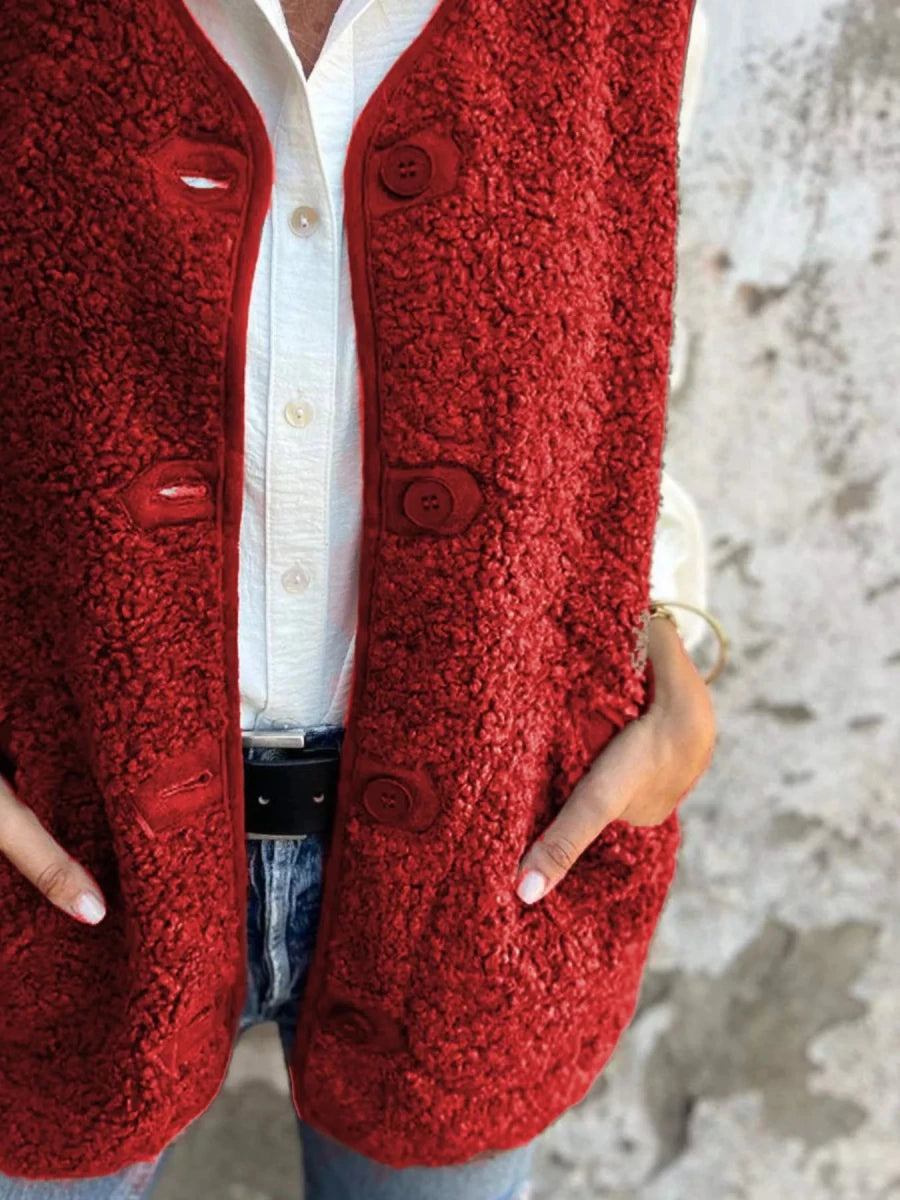 Full Size Cozy Sherpa Fleece Button - Up Vest Coat with Pockets Plus Size - Wow Store