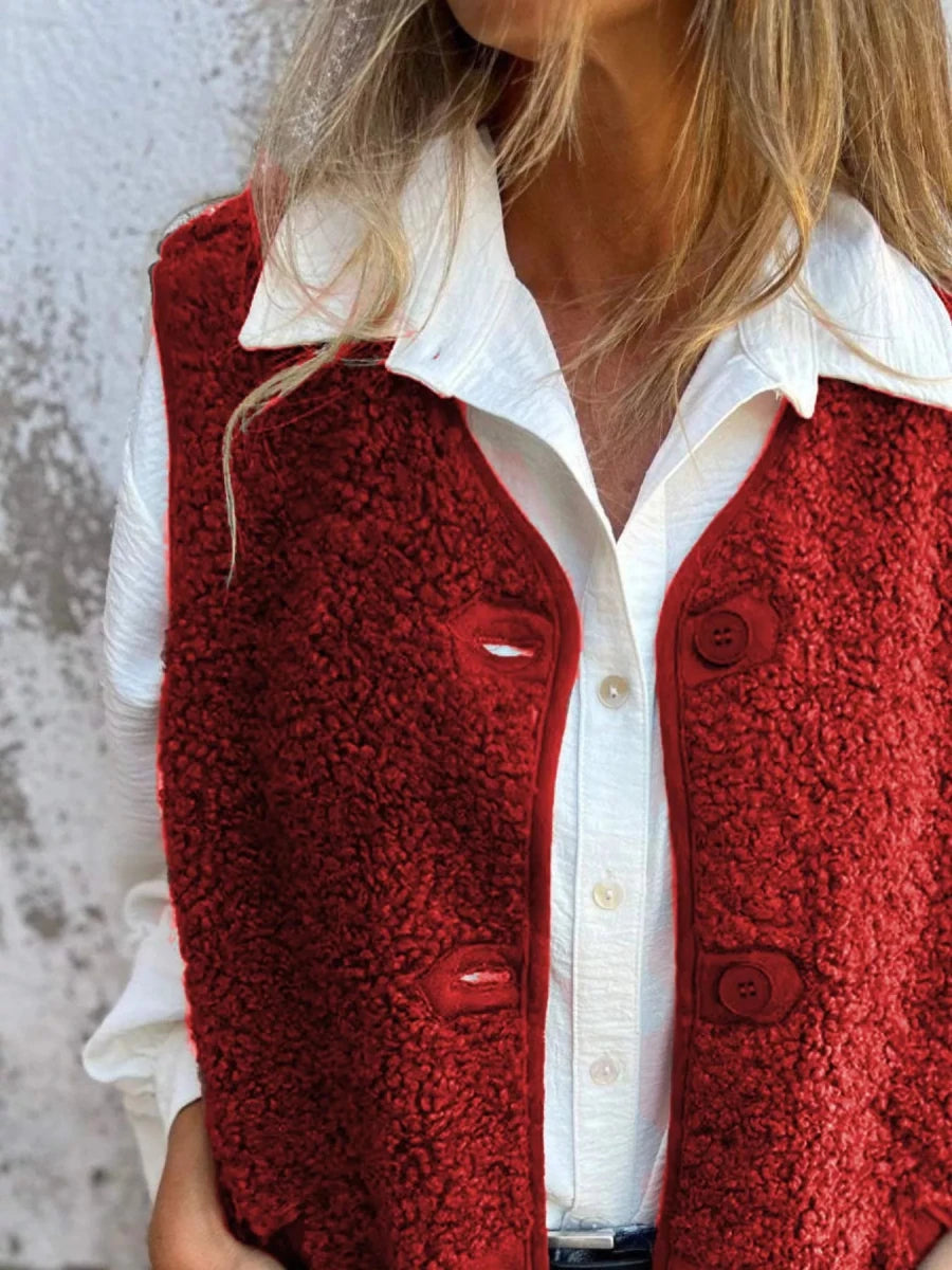 Full Size Cozy Sherpa Fleece Button - Up Vest Coat with Pockets Plus Size - Wow Store