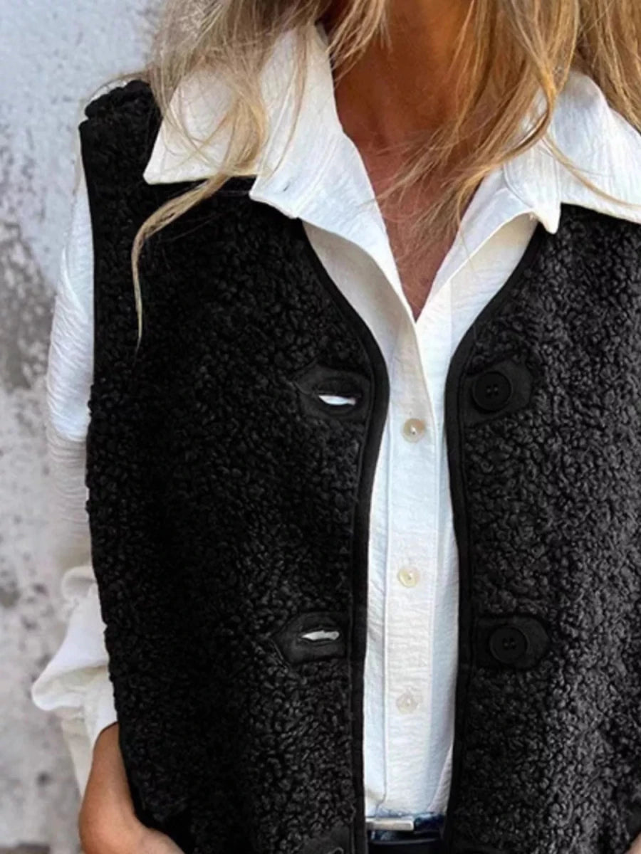 Full Size Cozy Sherpa Fleece Button - Up Vest Coat with Pockets Plus Size - Wow Store