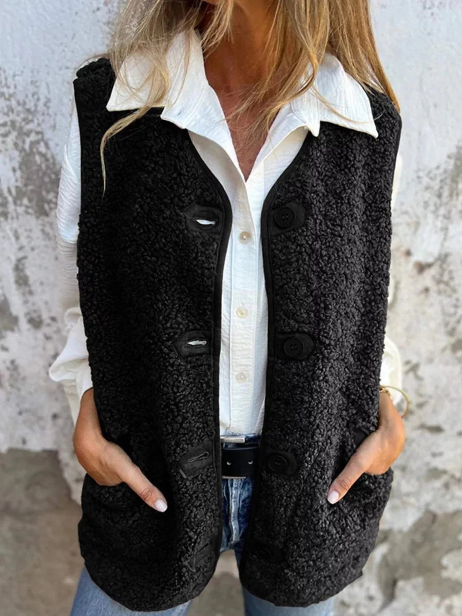 Full Size Cozy Sherpa Fleece Button - Up Vest Coat with Pockets Plus Size - Wow Store
