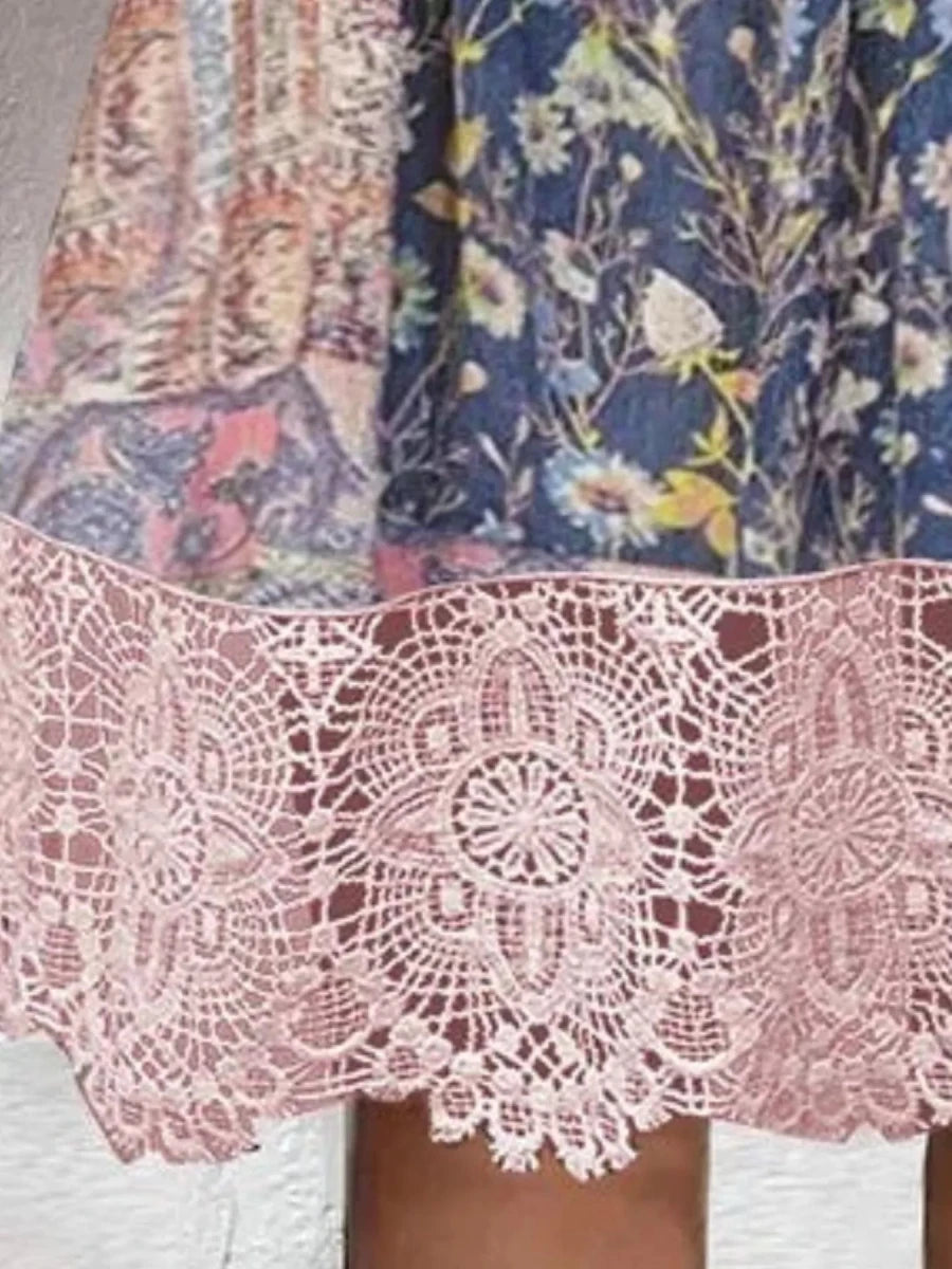 Full Size Floral Lace Trim V - Neck Dress Plus Size - Wow Store