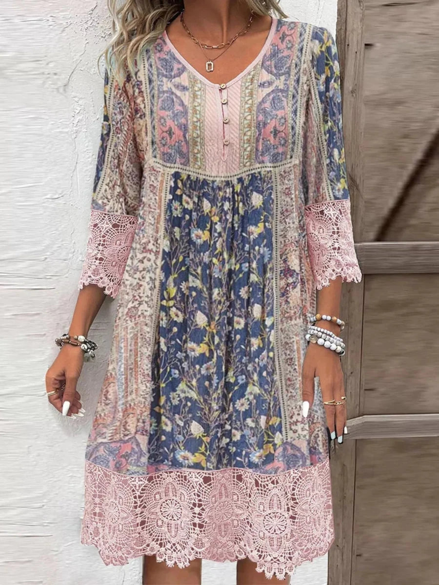Full Size Floral Lace Trim V - Neck Dress Plus Size - Wow Store