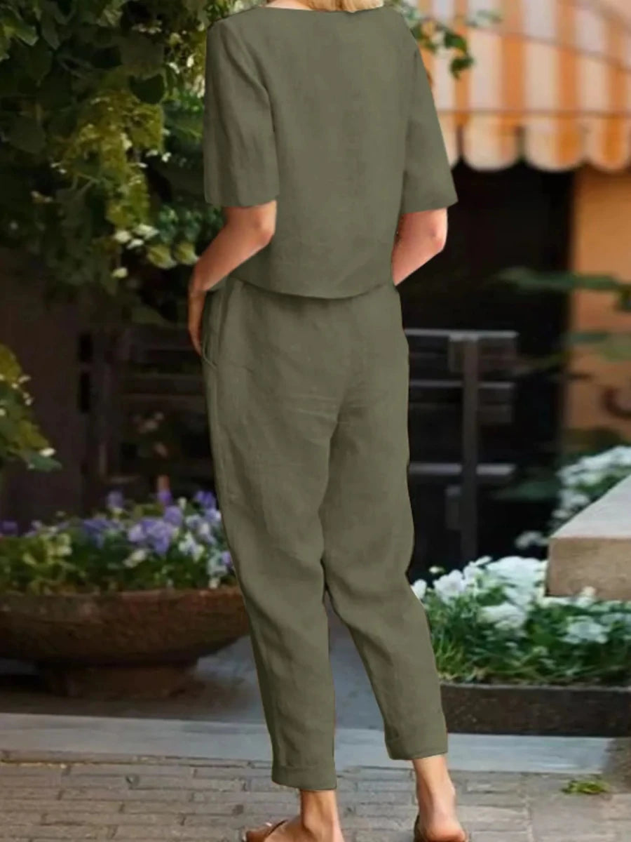 Full Size Round Neck Short Sleeve Top and Pants Set Plus Size - Wow Store