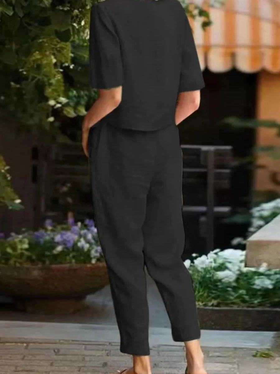 Full Size Round Neck Short Sleeve Top and Pants Set Plus Size - Wow Store