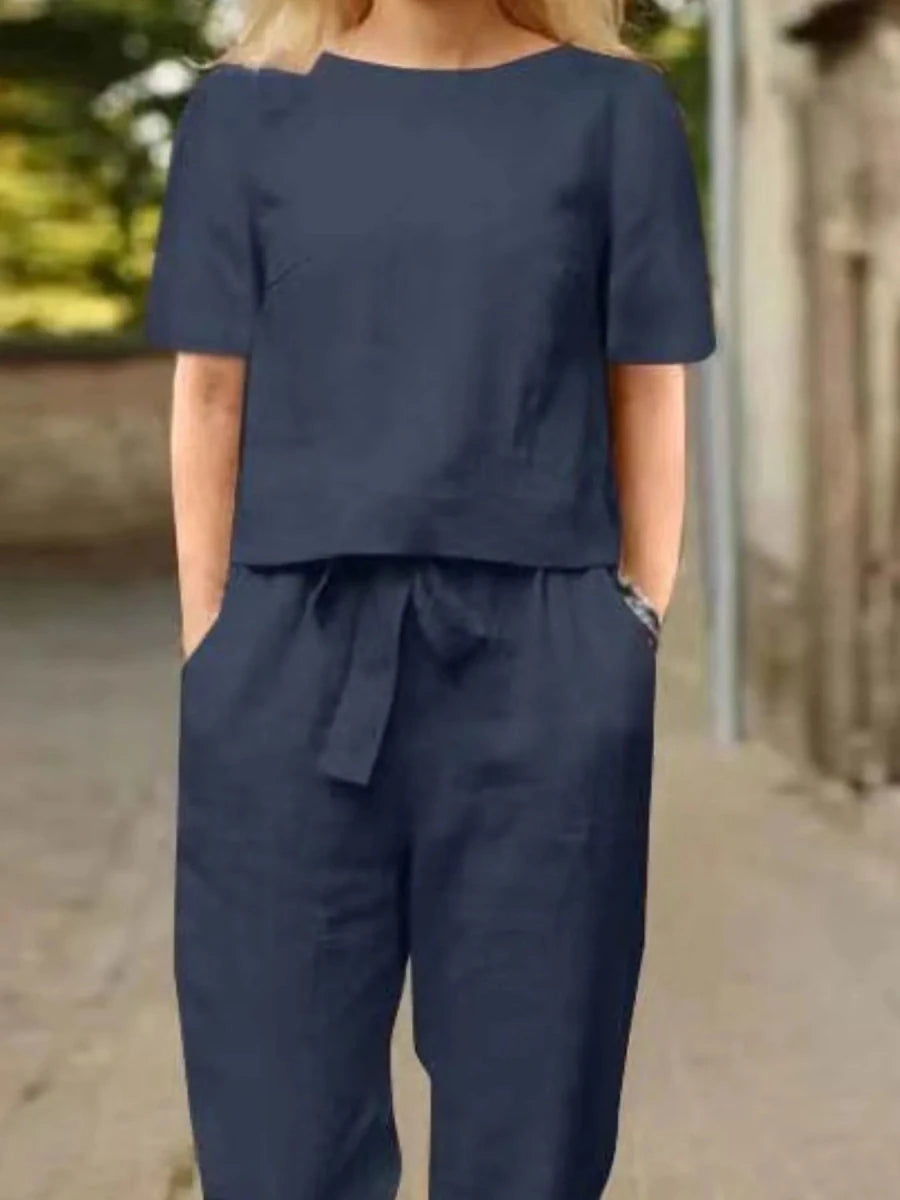 Full Size Round Neck Short Sleeve Top and Pants Set Plus Size - Wow Store