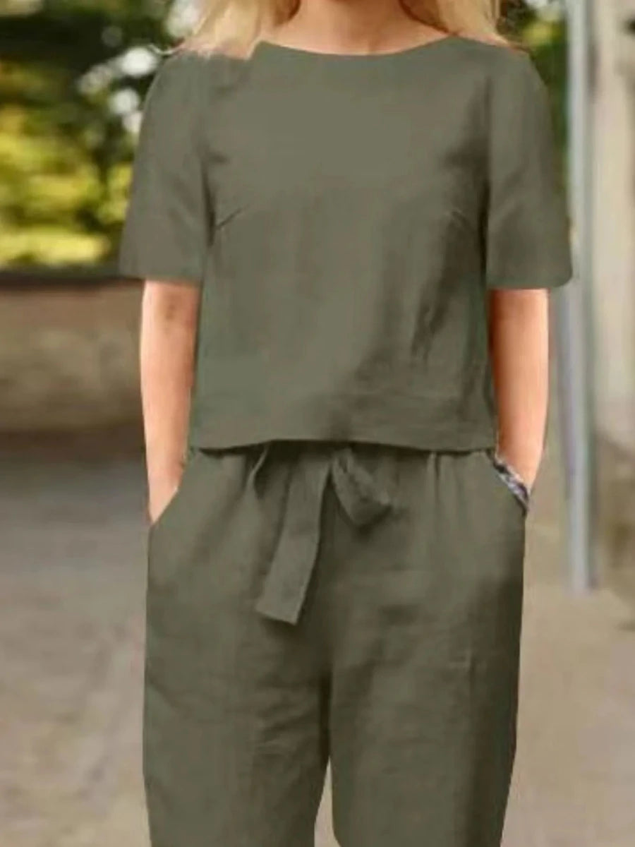 Full Size Round Neck Short Sleeve Top and Pants Set Plus Size - Wow Store