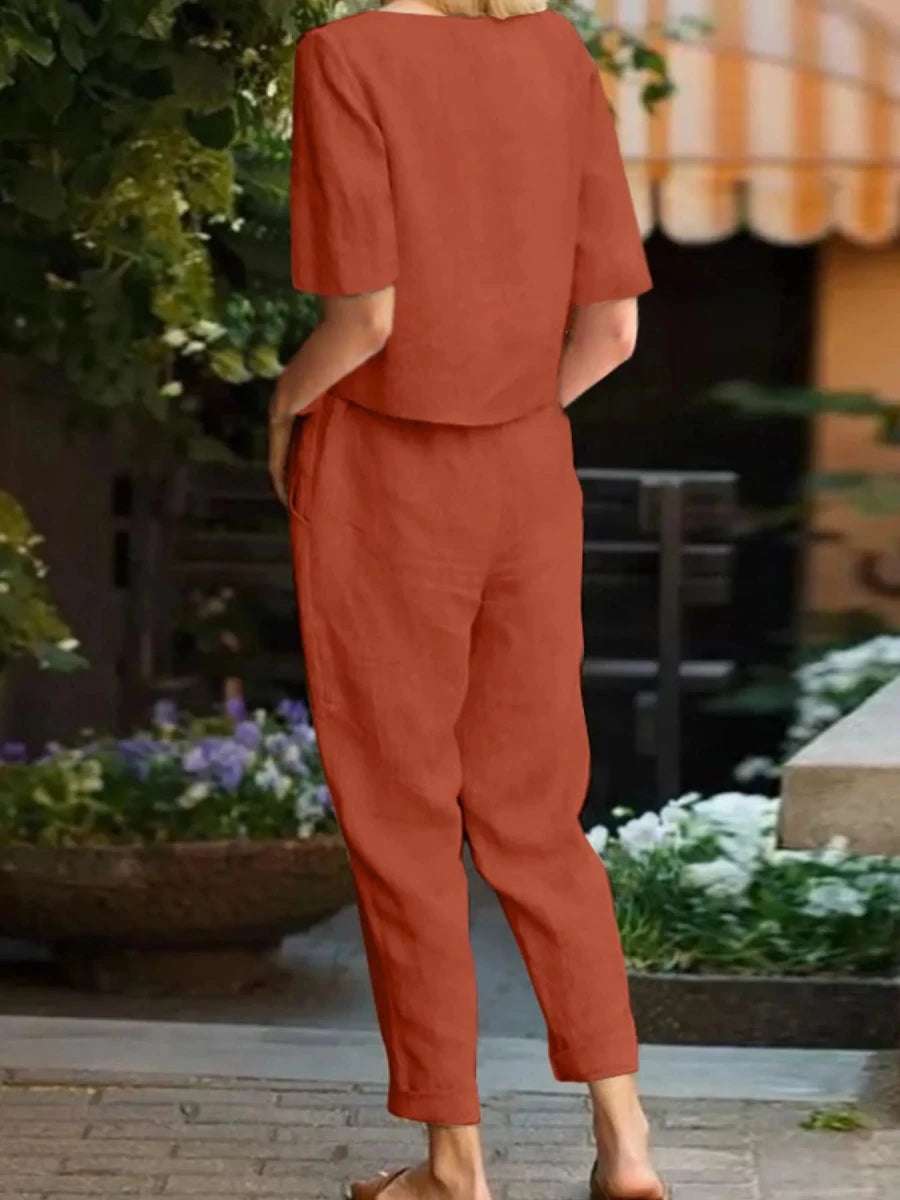 Full Size Round Neck Short Sleeve Top and Pants Set Plus Size - Wow Store