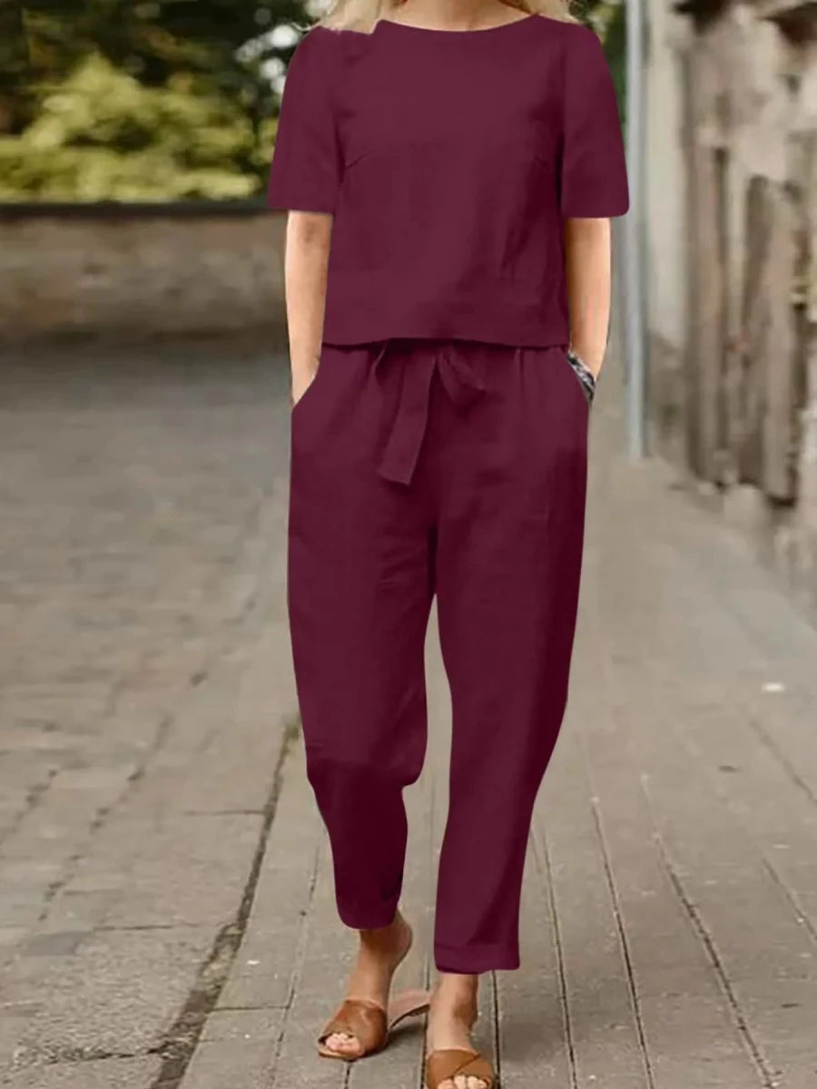 Full Size Round Neck Short Sleeve Top and Pants Set Plus Size - Wow Store