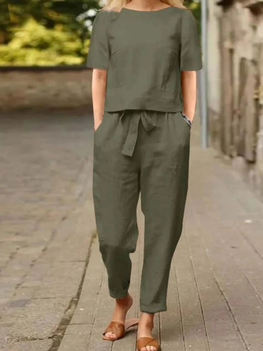 Full Size Round Neck Short Sleeve Top and Pants Set Plus Size - Wow Store