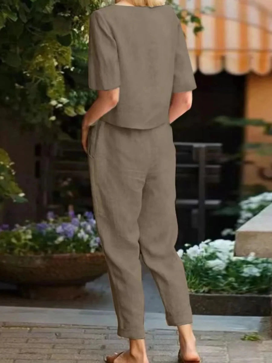 Full Size Round Neck Short Sleeve Top and Pants Set Plus Size - Wow Store