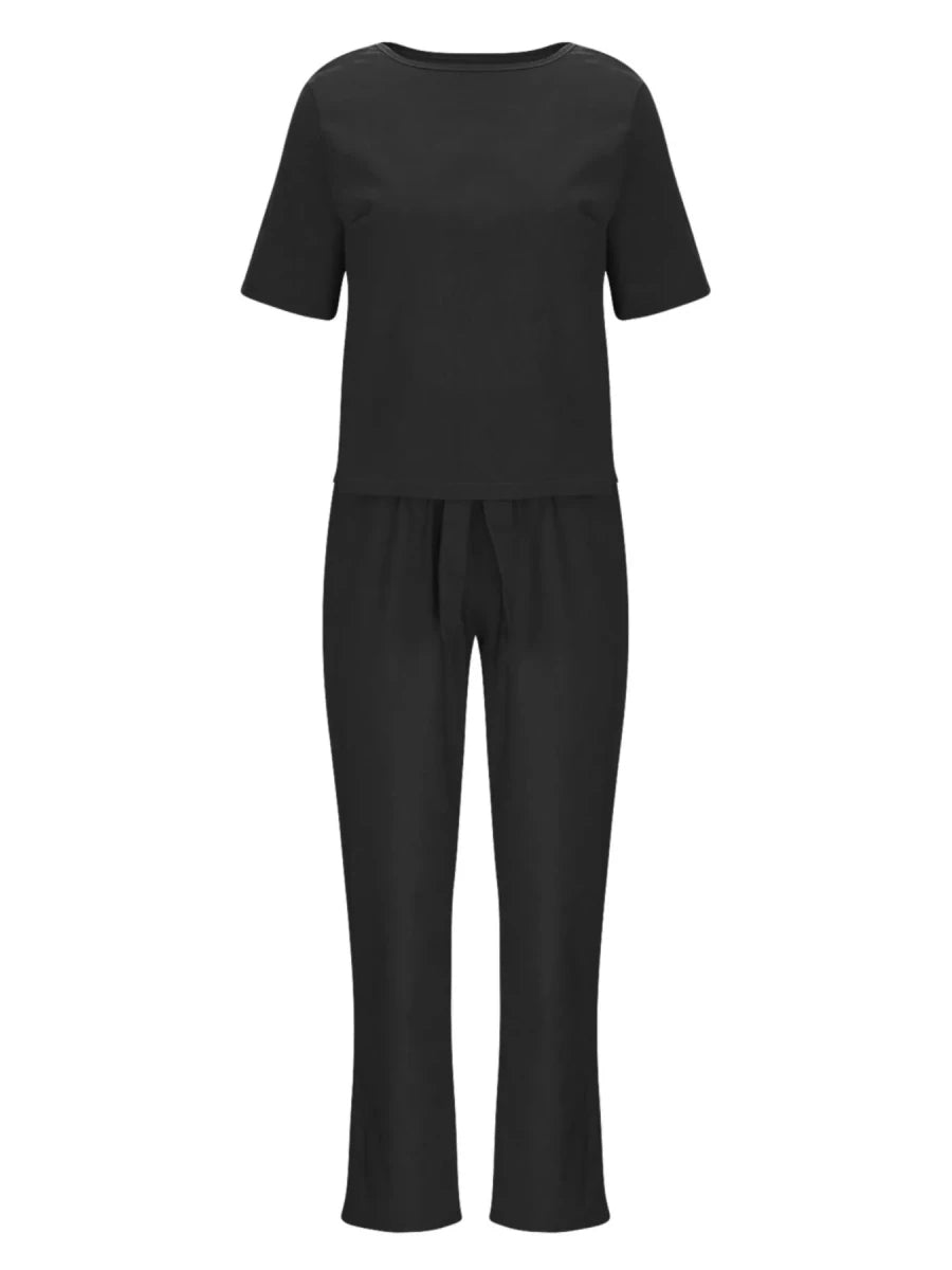 Full Size Round Neck Short Sleeve Top and Pants Set Plus Size - Wow Store