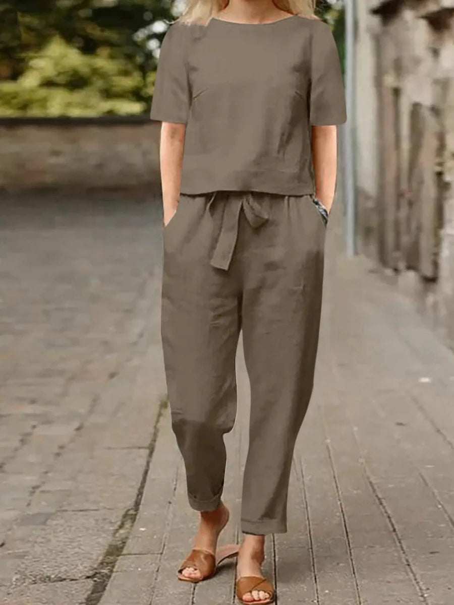 Full Size Round Neck Short Sleeve Top and Pants Set Plus Size - Wow Store