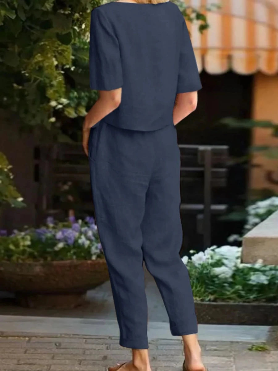 Full Size Round Neck Short Sleeve Top and Pants Set Plus Size - Wow Store