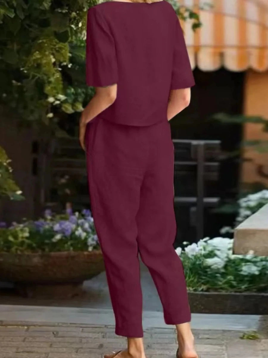 Full Size Round Neck Short Sleeve Top and Pants Set Plus Size - Wow Store
