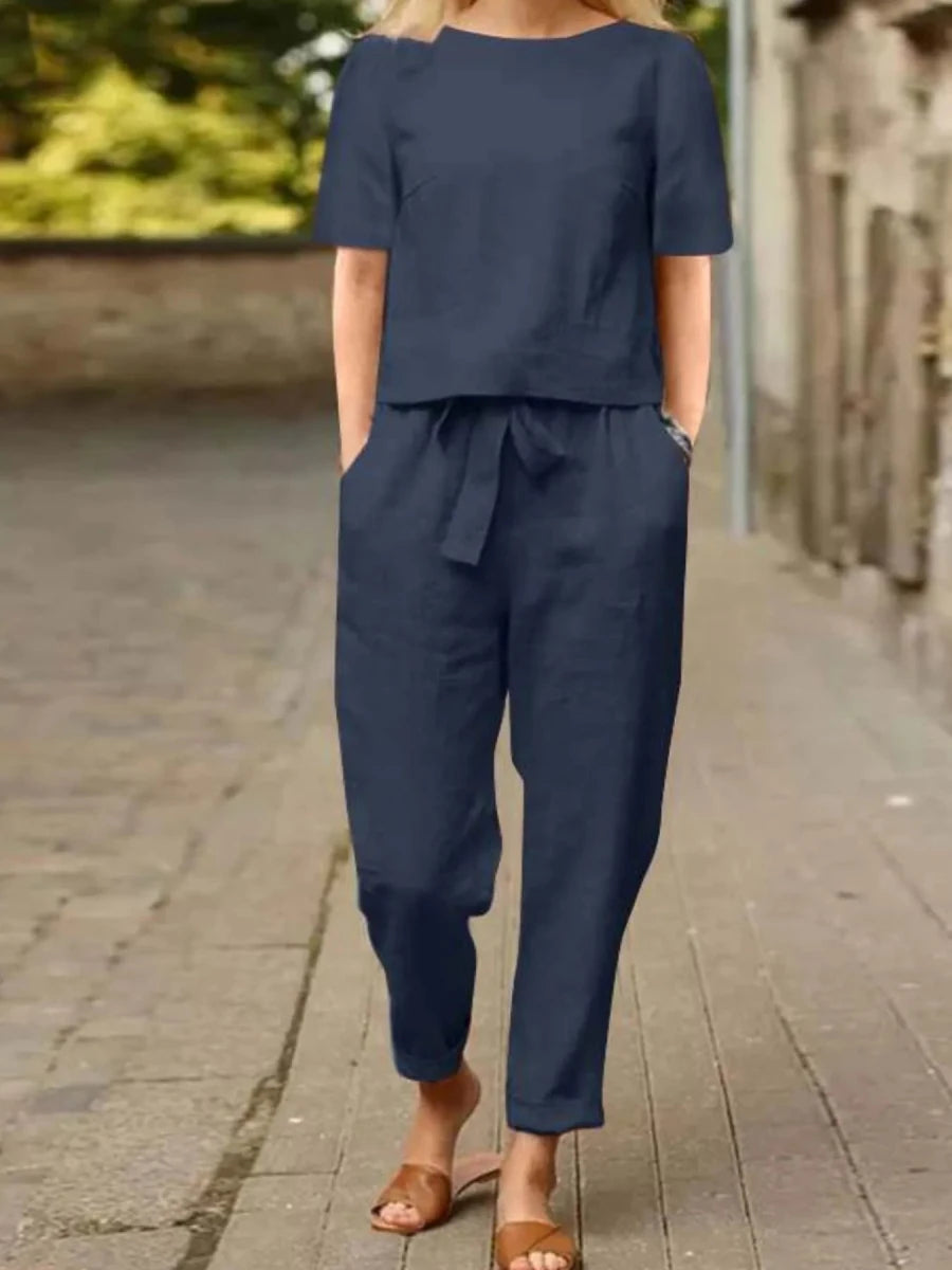 Full Size Round Neck Short Sleeve Top and Pants Set Plus Size - Wow Store