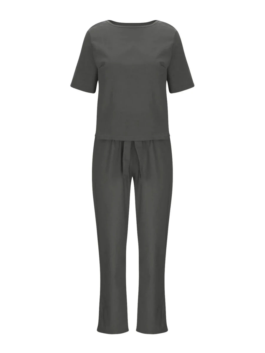 Full Size Round Neck Short Sleeve Top and Pants Set Plus Size - Wow Store