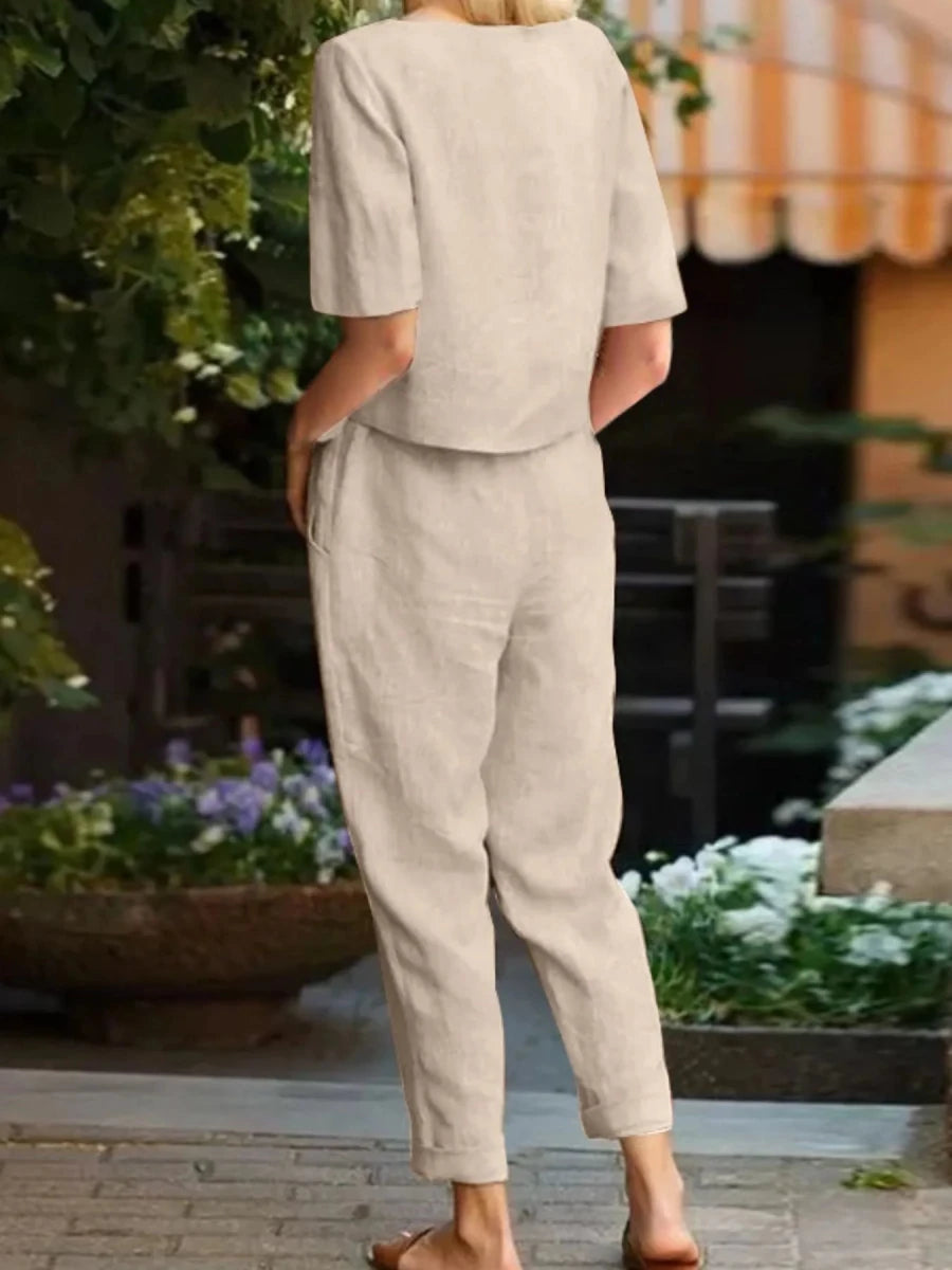 Full Size Round Neck Short Sleeve Top and Pants Set Plus Size - Wow Store