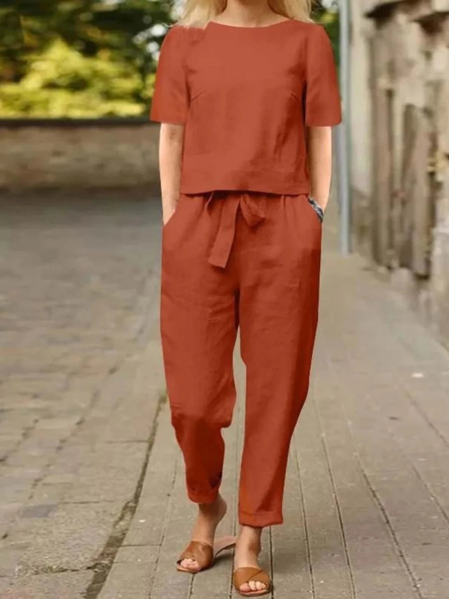 Full Size Round Neck Short Sleeve Top and Pants Set Plus Size - Wow Store