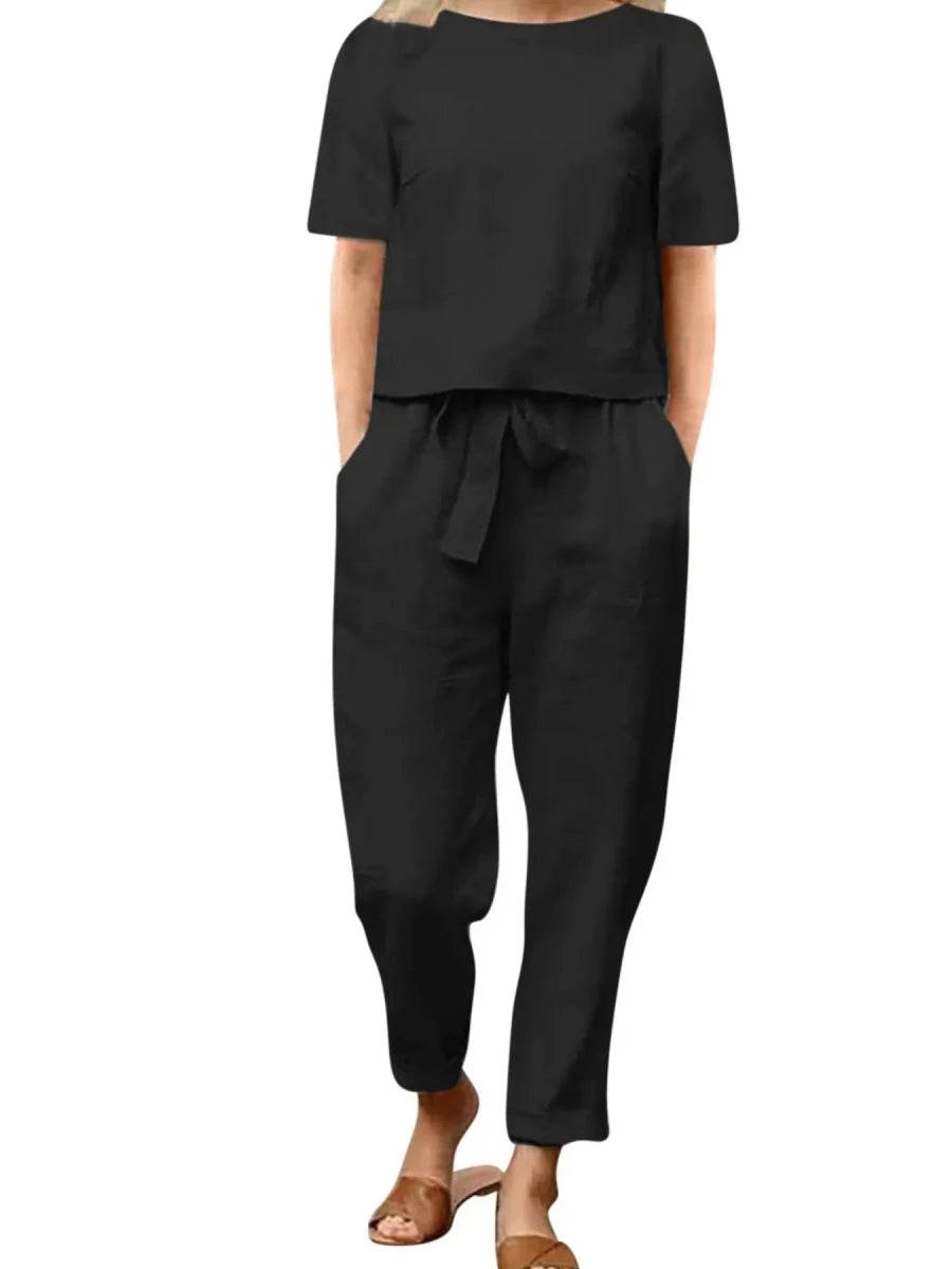 Full Size Round Neck Short Sleeve Top and Pants Set Plus Size - Wow Store