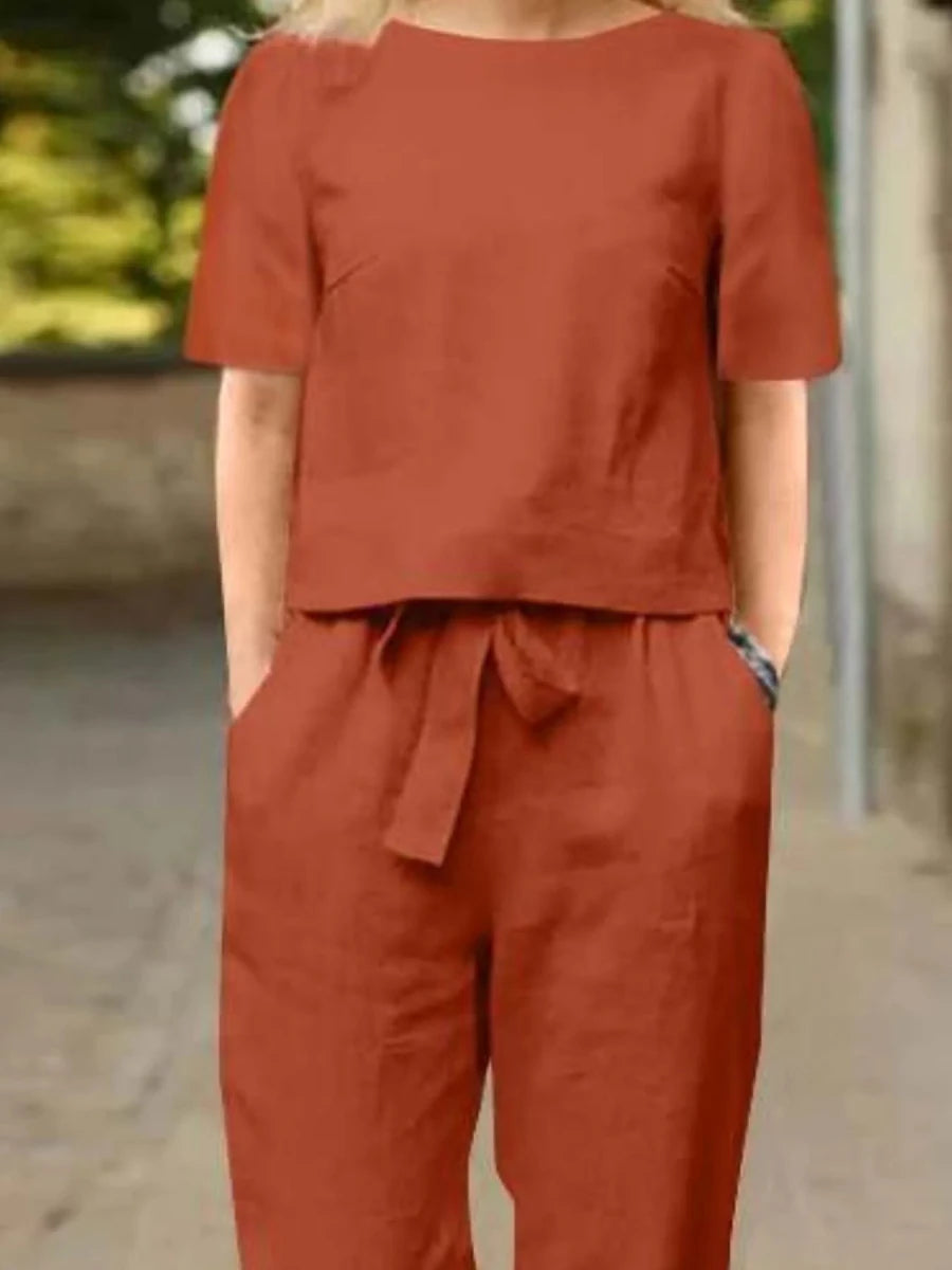 Full Size Round Neck Short Sleeve Top and Pants Set Plus Size - Wow Store
