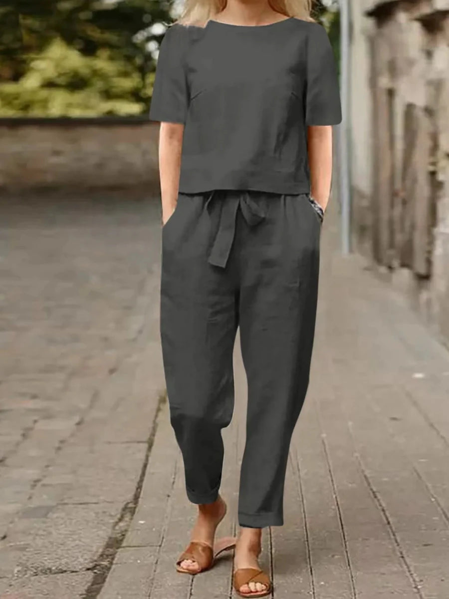 Full Size Round Neck Short Sleeve Top and Pants Set Plus Size - Wow Store