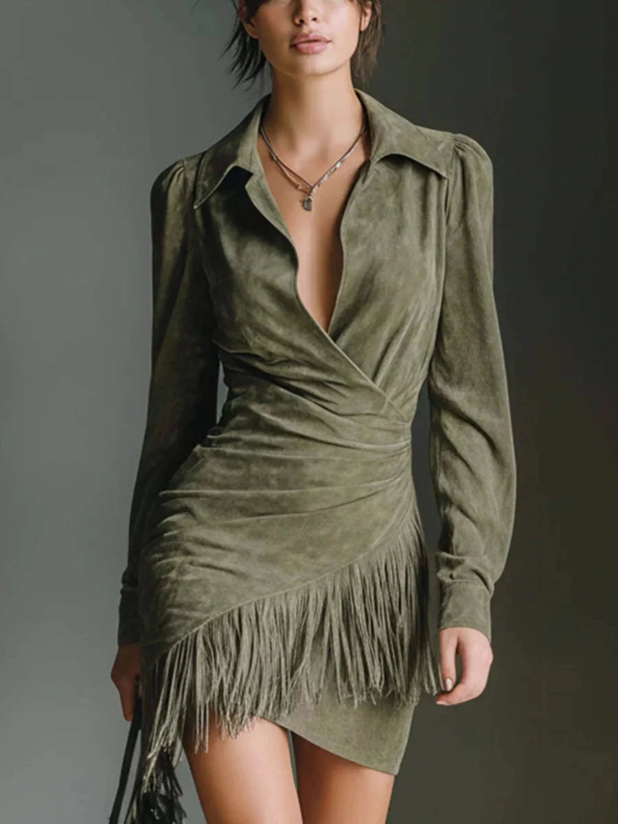 Full Size Suede Fringe Long Sleeve Dress Plus Size - Wow Store
