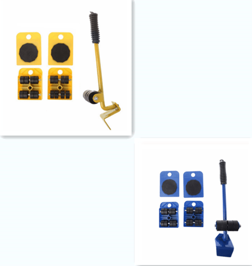 Collage of the yellow furniture lifter set and the blue set, each with a lever and four roller pads