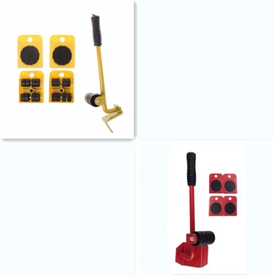 Collage of the yellow furniture lifter set and the red set, each with a lever and four roller pads