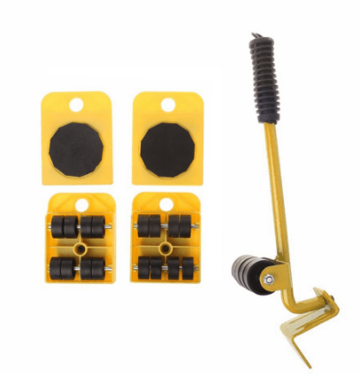 Yellow furniture lifter set with an angled lever foot, two pads from above and two from below