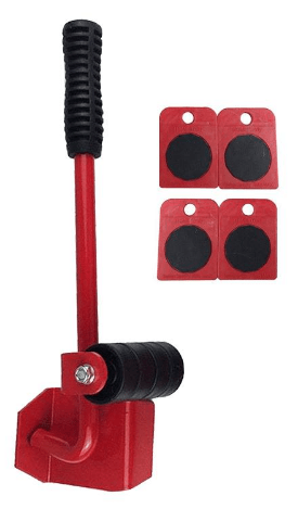 Close view of the red lever with its roller and wedge-shaped foot next to four red pads