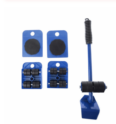 Blue furniture lifter set: two pads seen from above, two from below showing the rollers, and the lever