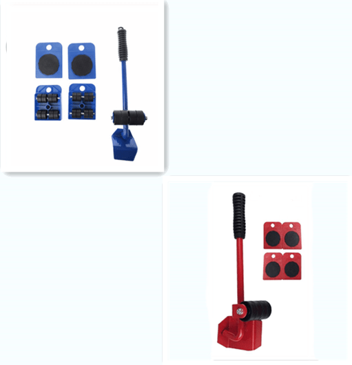 Collage of the blue furniture lifter set and the red set, each with a lever and four roller pads