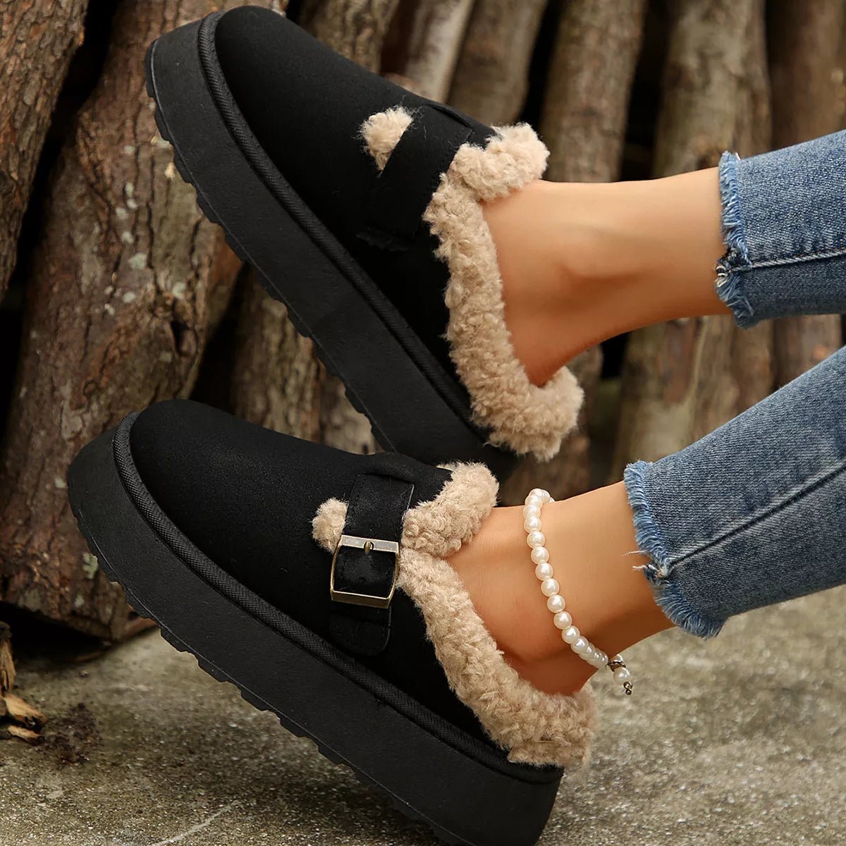 Fuzzy Trim Buckle Platform Slippers - Wow Store