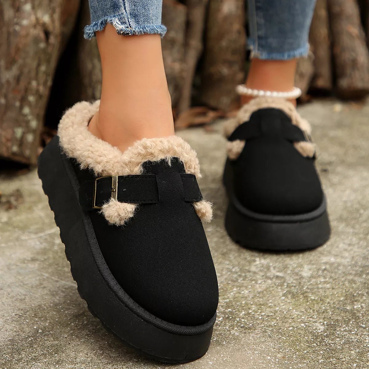 Fuzzy Trim Buckle Platform Slippers - Wow Store