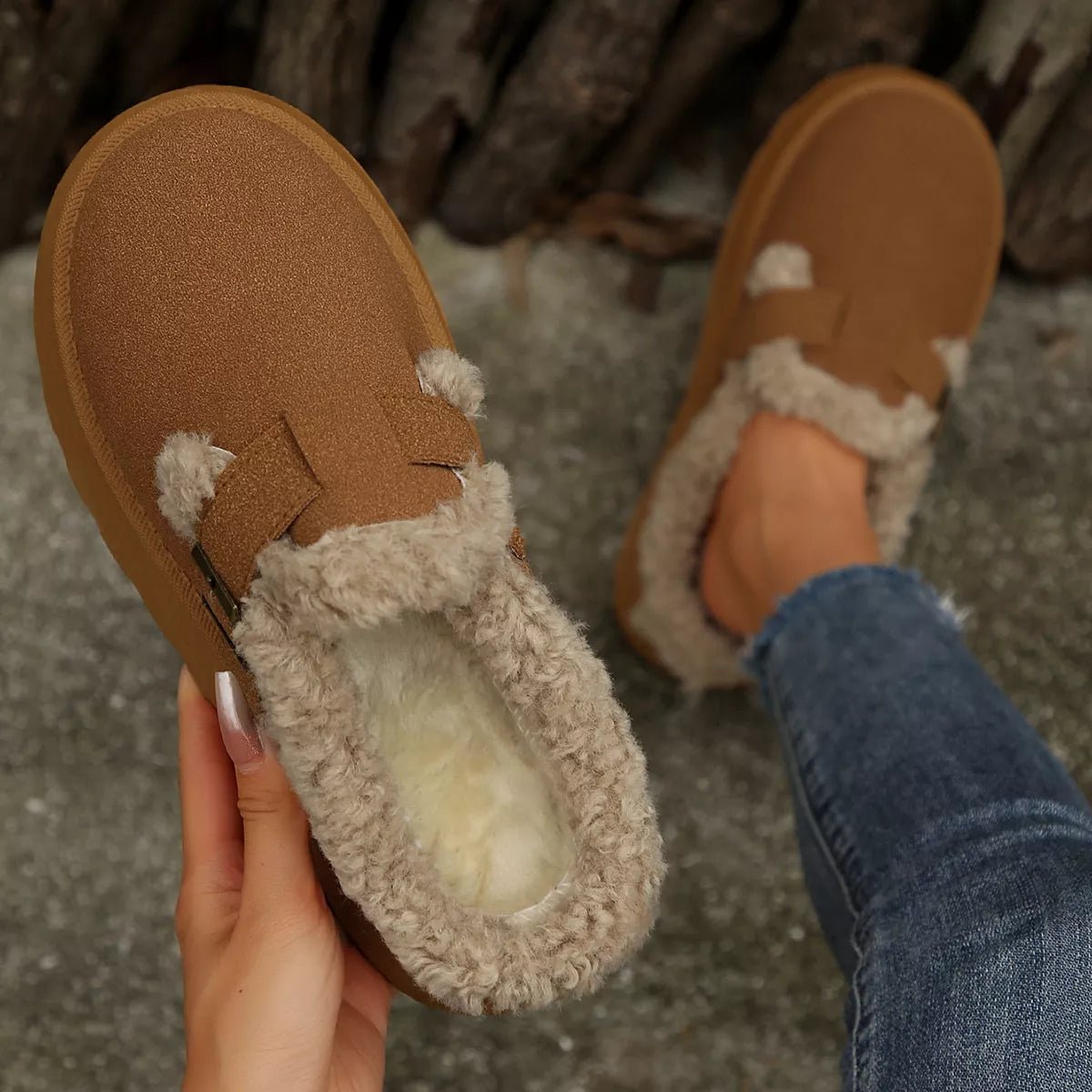 Fuzzy Trim Buckle Platform Slippers - Wow Store