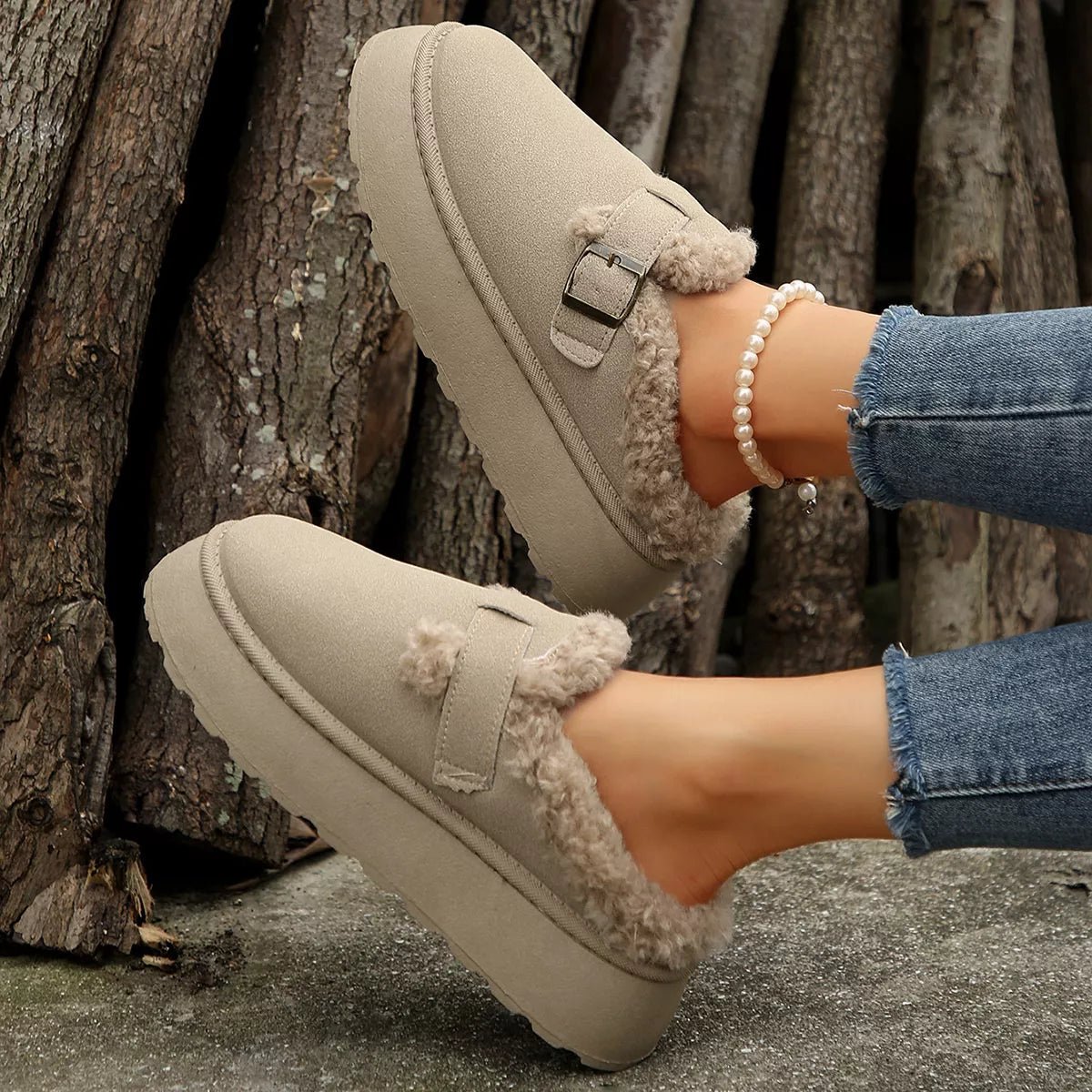 Fuzzy Trim Buckle Platform Slippers - Wow Store