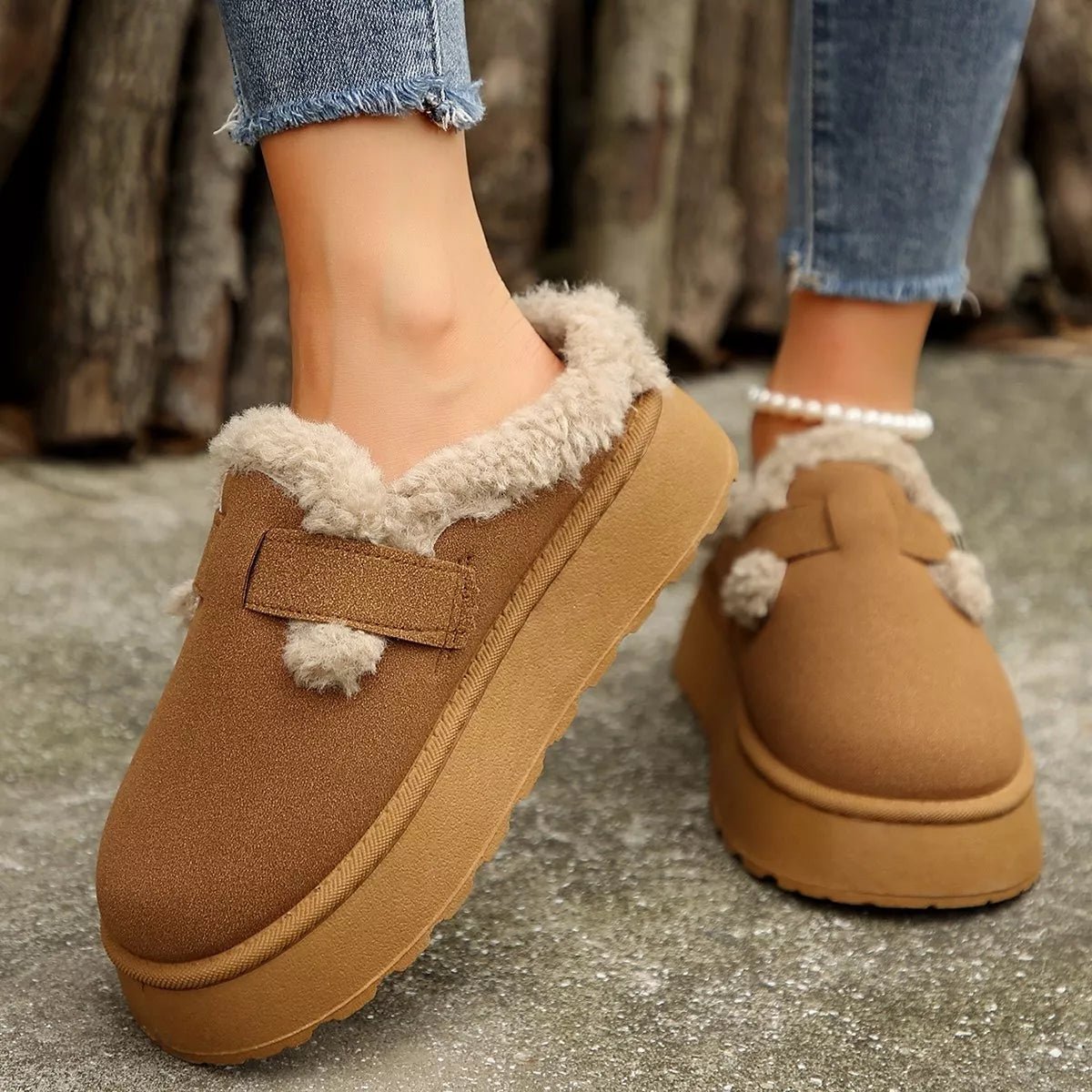Fuzzy Trim Buckle Platform Slippers - Wow Store