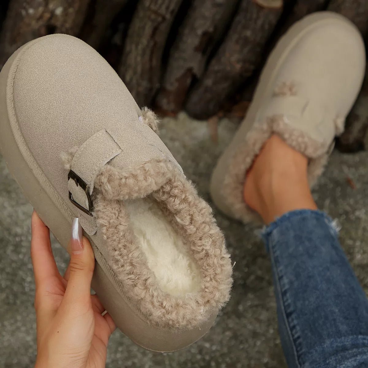 Fuzzy Trim Buckle Platform Slippers - Wow Store