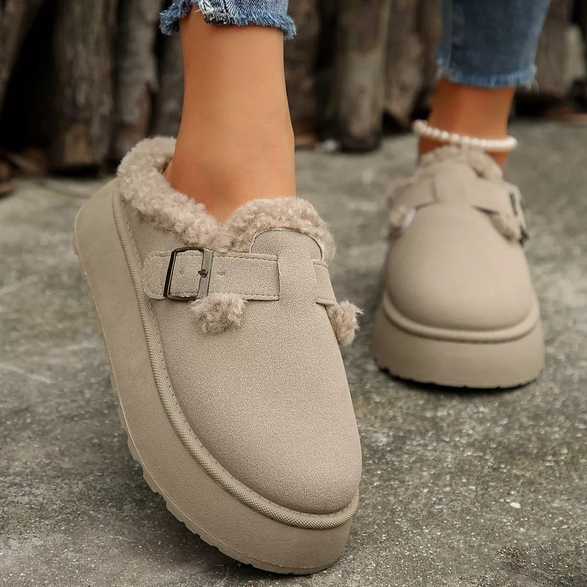 Fuzzy Trim Buckle Platform Slippers - Wow Store