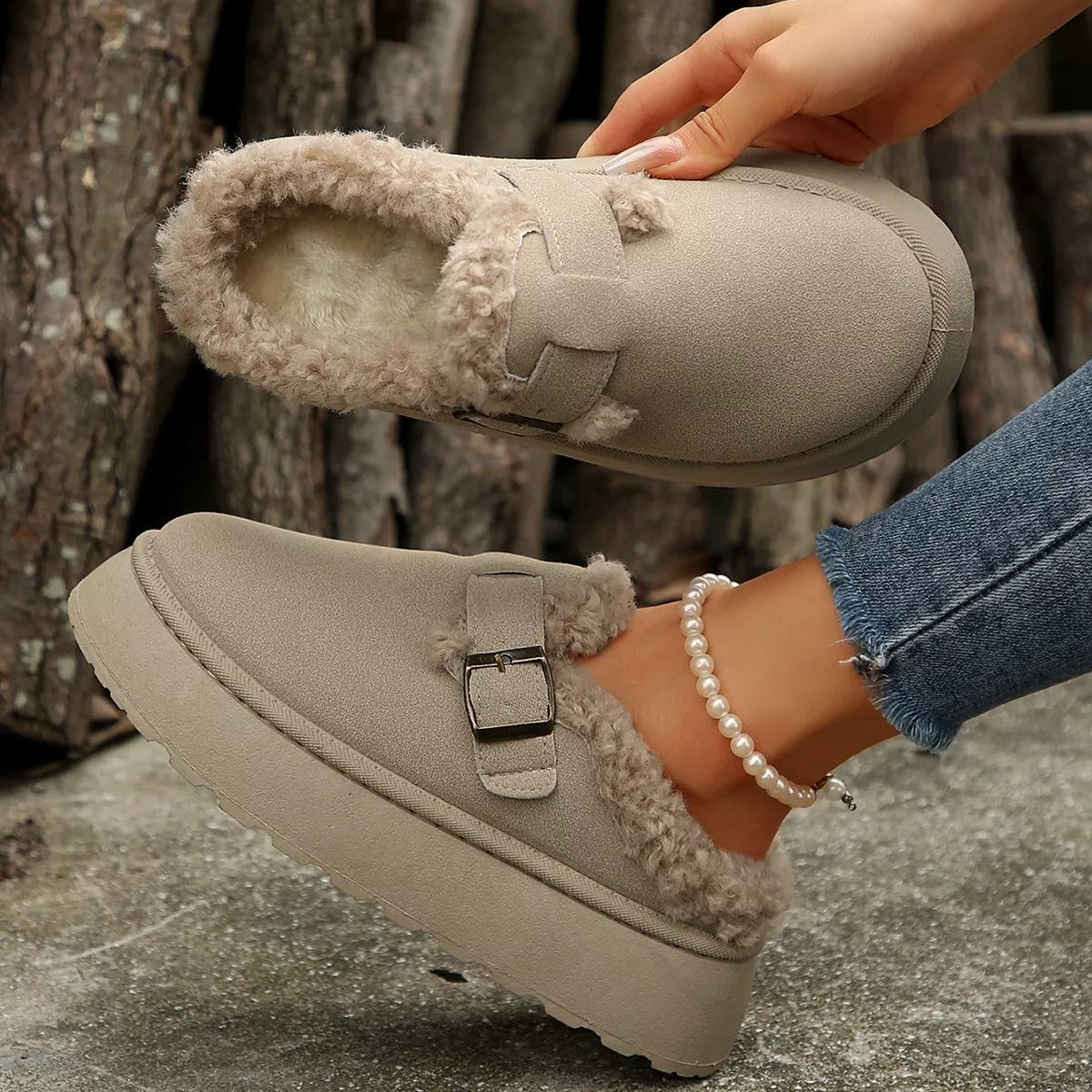 Fuzzy Trim Buckle Platform Slippers - Wow Store