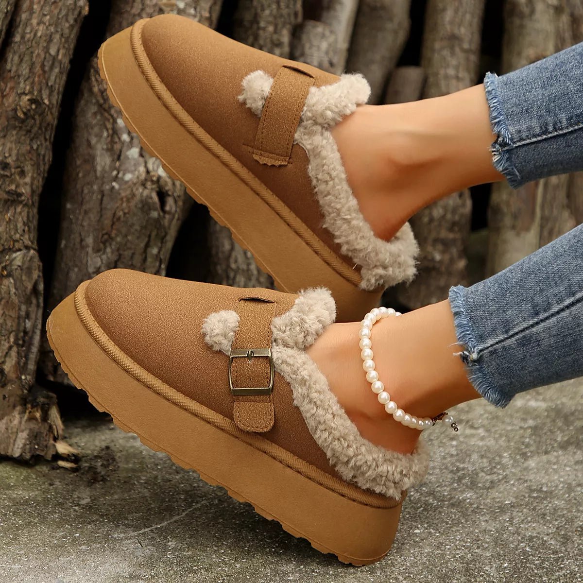 Fuzzy Trim Buckle Platform Slippers - Wow Store