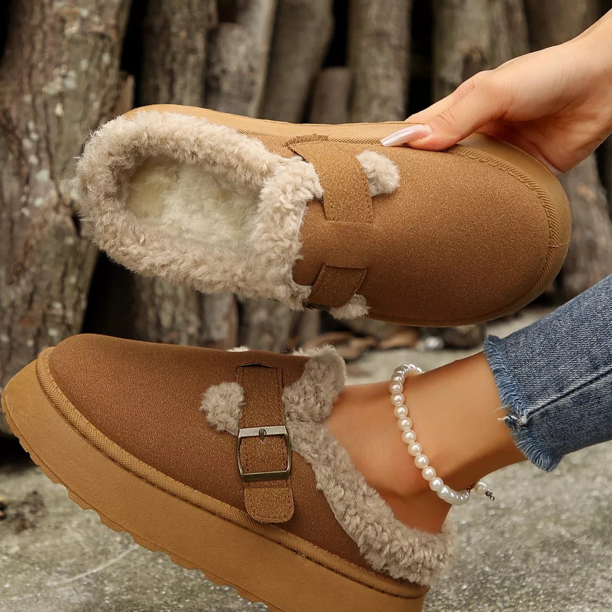 Fuzzy Trim Buckle Platform Slippers - Wow Store