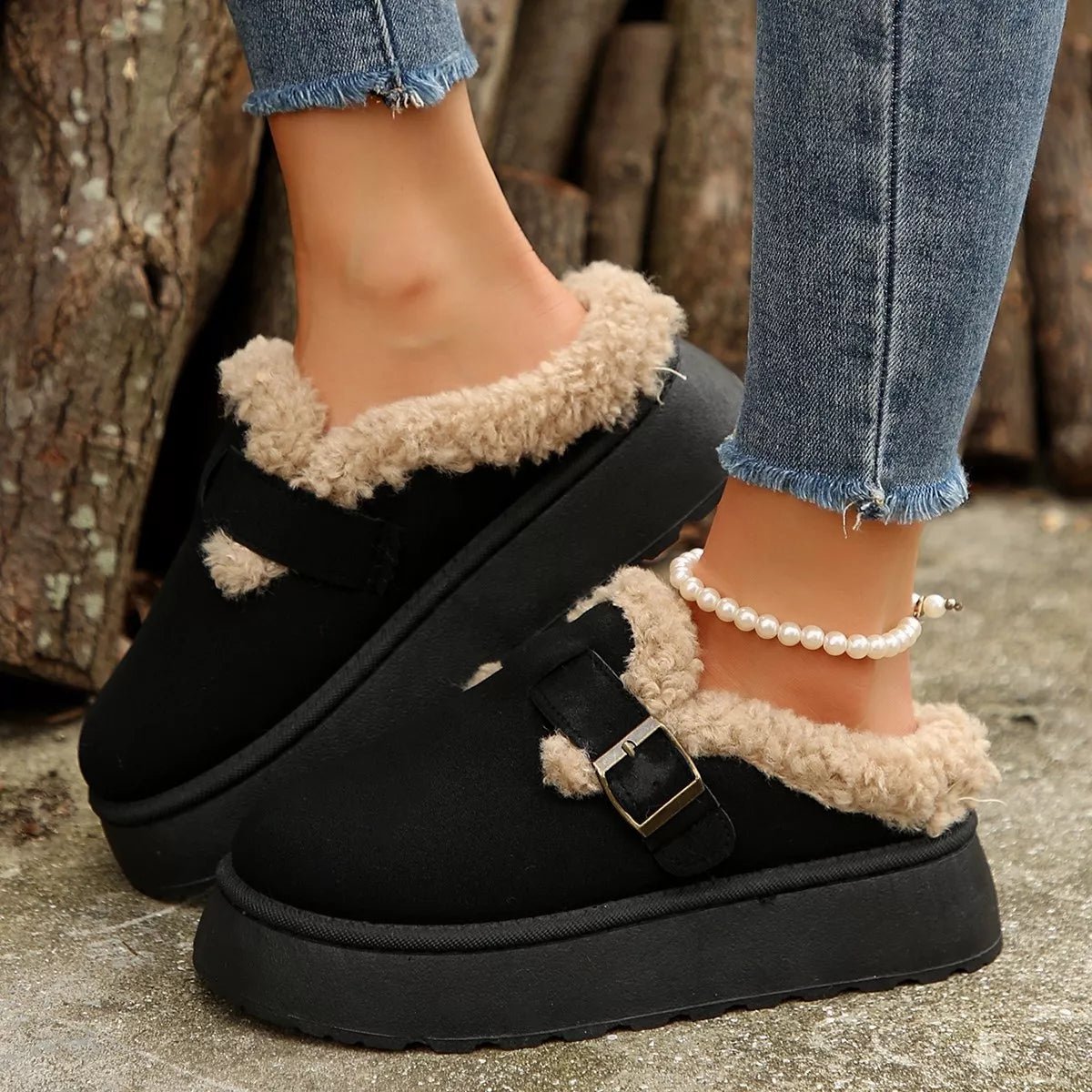 Fuzzy Trim Buckle Platform Slippers - Wow Store