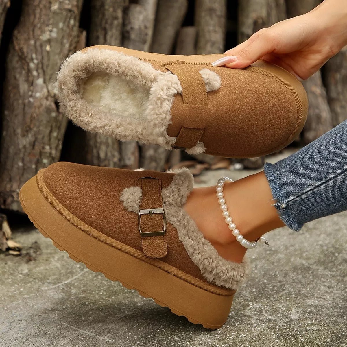 Fuzzy Trim Buckle Platform Slippers - Wow Store