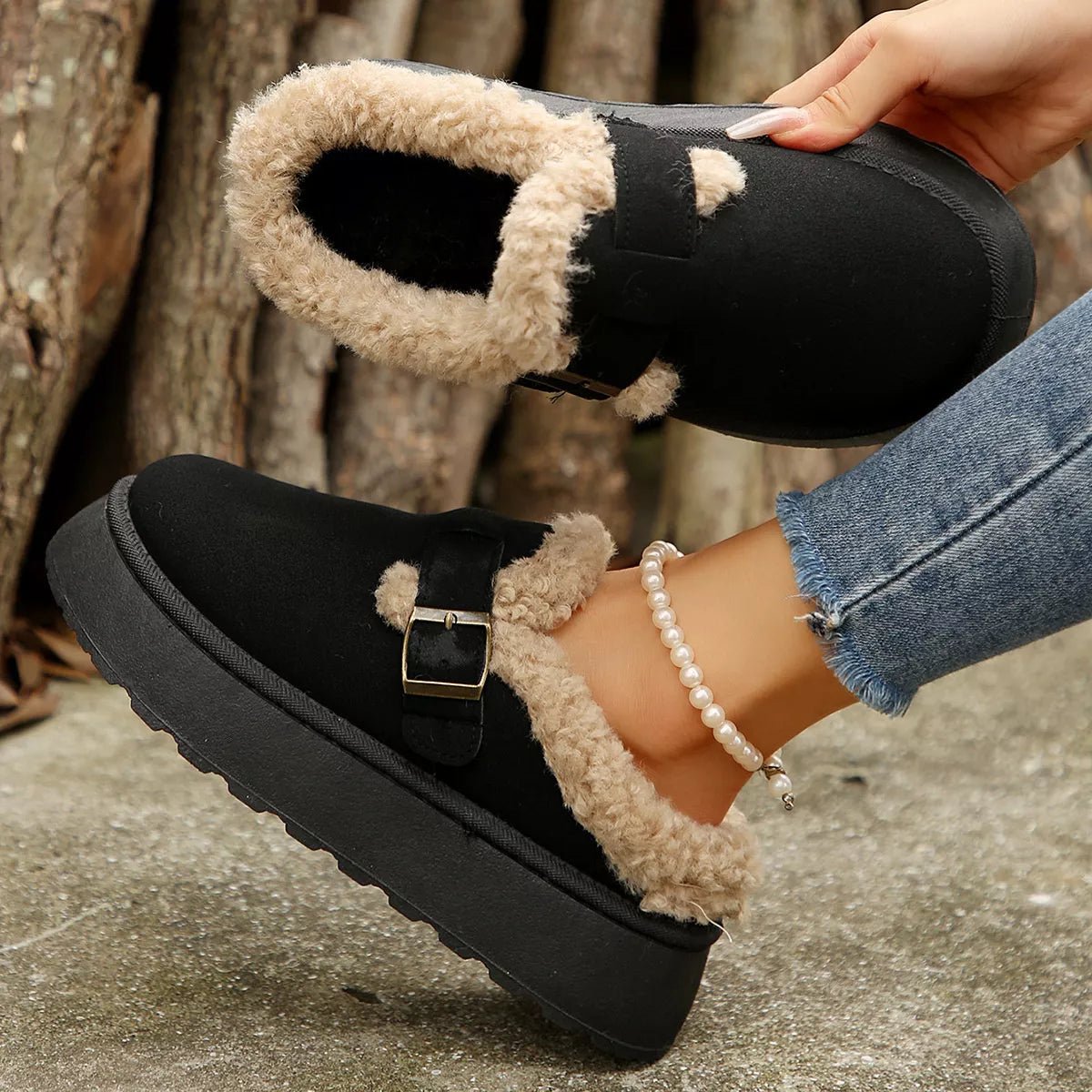 Fuzzy Trim Buckle Platform Slippers - Wow Store