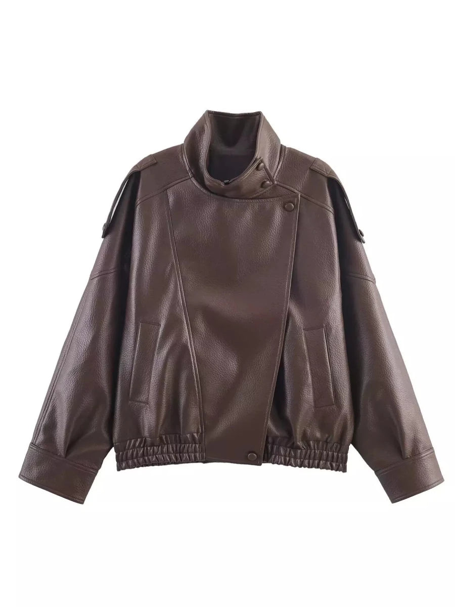 Gabrielle Zip-Up Faux Leather Moto Jacket - WowStore.live