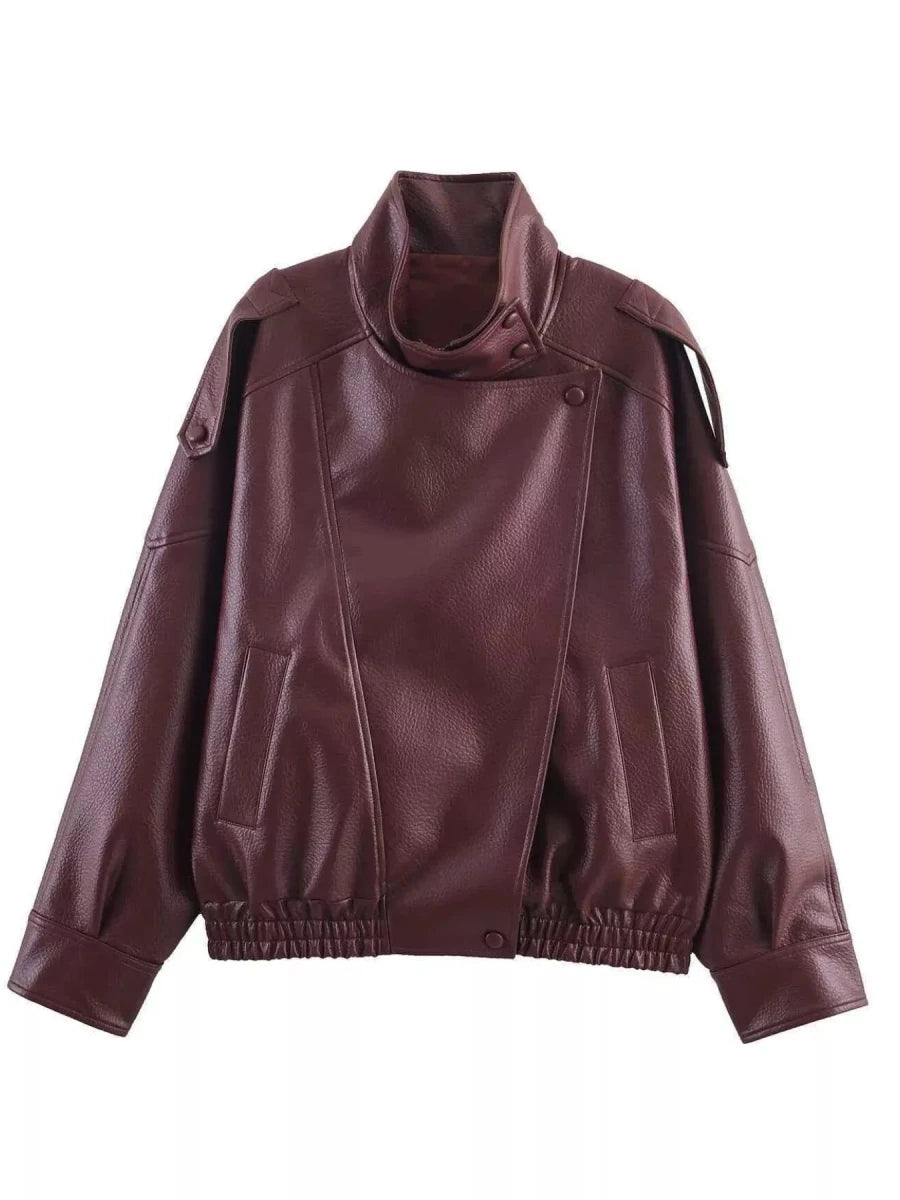 Gabrielle Zip-Up Faux Leather Moto Jacket - WowStore.live