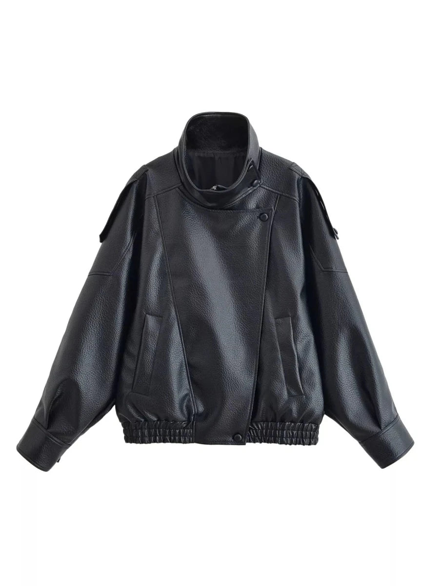 Gabrielle Zip-Up Faux Leather Moto Jacket - WowStore.live