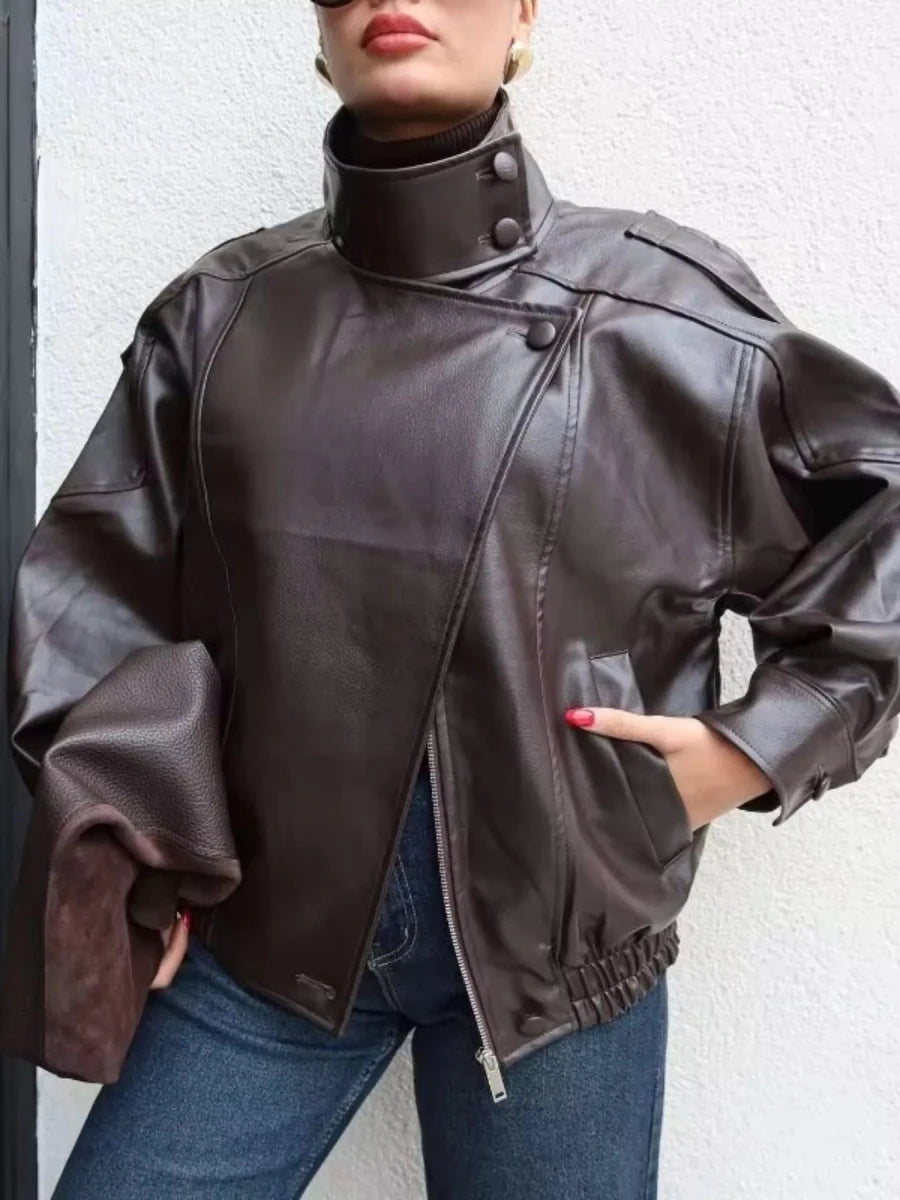 Gabrielle Zip-Up Faux Leather Moto Jacket - WowStore.live